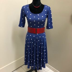 Lularoe Nicole Dress- Blue with White Polka Dots